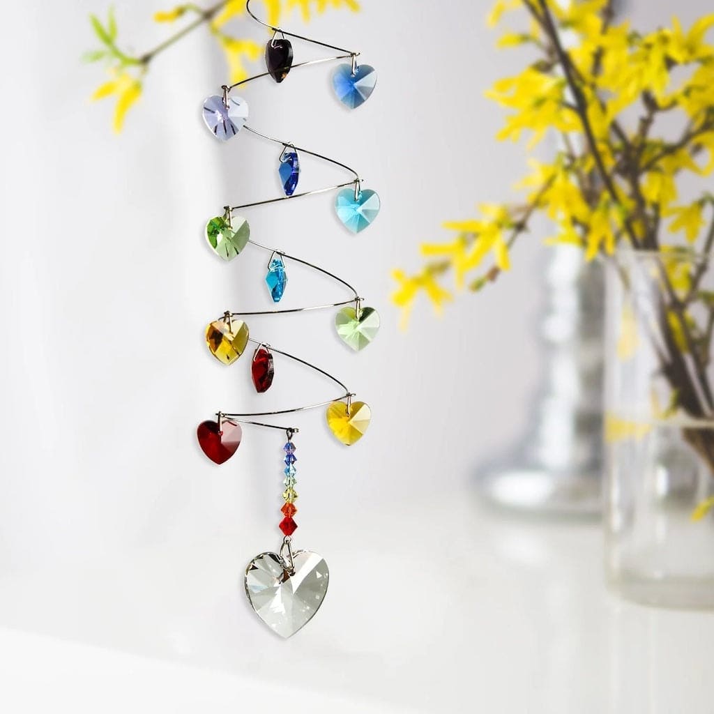 Crystal Spiral Wind Chimes with Rainbow Hearts